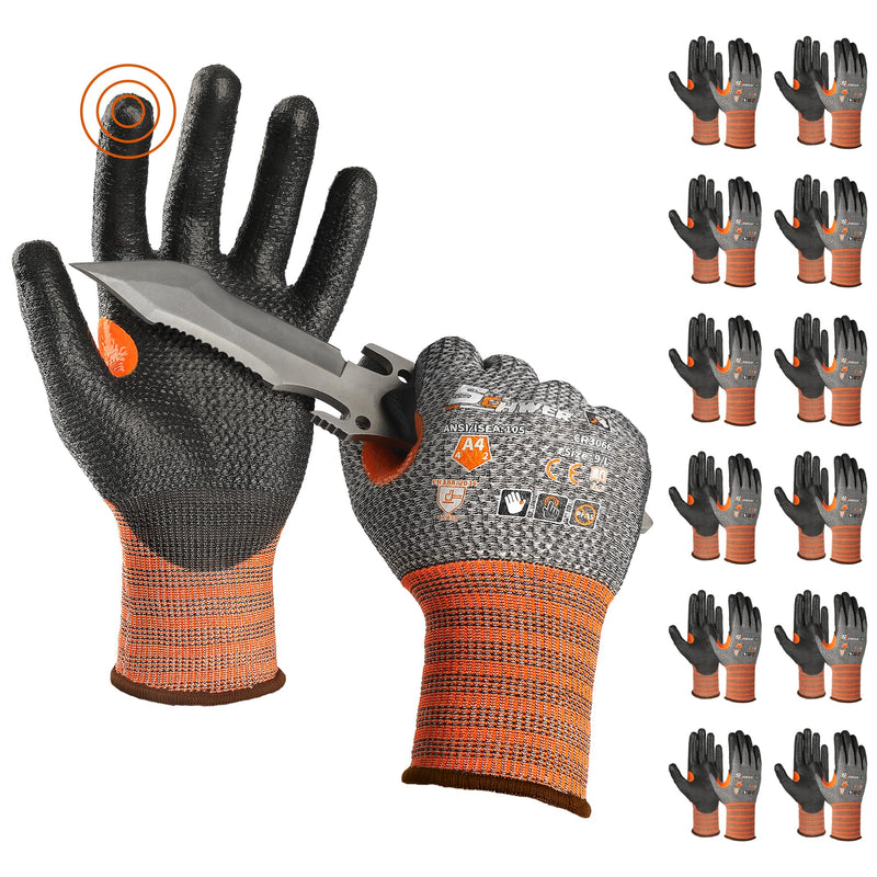 Schwer 12 Pairs Cut Resistant Work Gloves, CR3066 ANSI A4 Cut Proof Gloves with PU Coating, Touch-Screen, Non Slip, Reinforced Thumb, Wire & Fiberglass Free, Durable Working Gloves for Construction, L Large