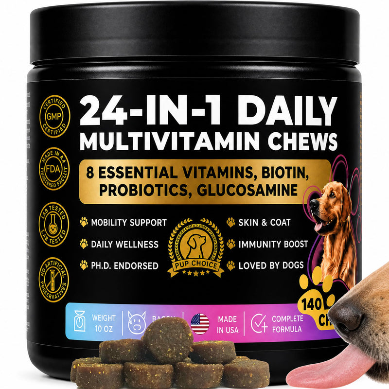 Complete Daily Dog Multivitamin, Bacon – Skin, Coat, Joint & Gut | 24-in-1 Chicken-Free with Glucosamine, Probiotics, Salmon Oil, Cranberry & Zinc – Made in USA Multivitamin - Bacon 1 Pack