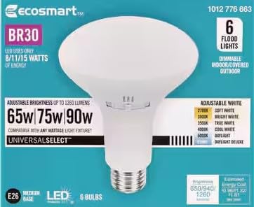 EcoSmart BR30 LED Flood Light Bulb 65-90W Equivalent, Dimmable, Selectable Color Temperature, 6-Pack