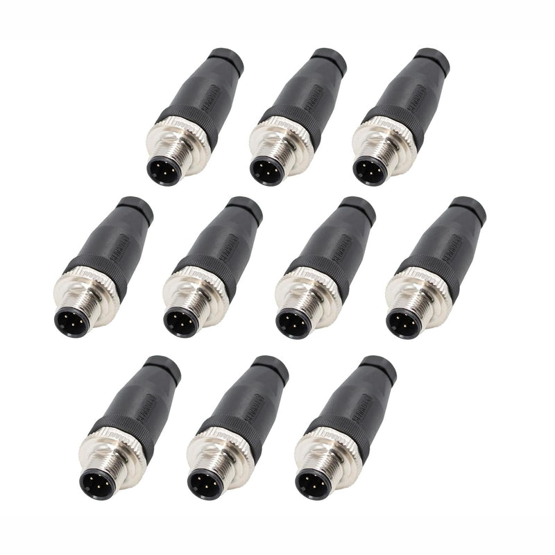 10pcs M12 4 Pin Connector Field Wireable A Code Straight Male Plug Non-Shield 12mm Industrial Circular Connector, Outdoor Waterproof IP67 10