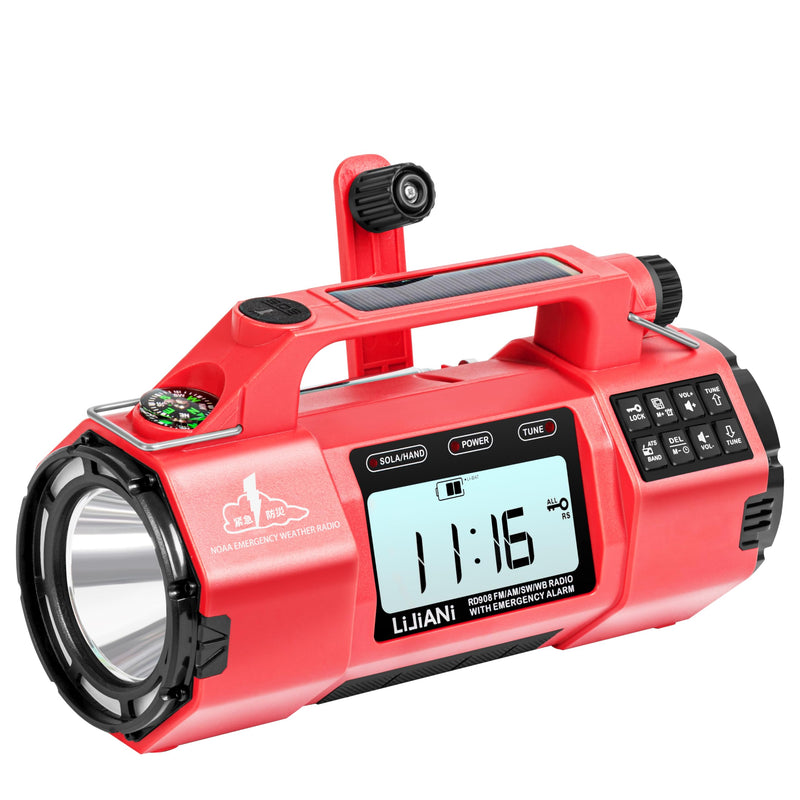 Hand Crank Emergency FM/AM/SW Weather Radio NOAA Alert, USB-C Solar Power, Bright Flashlight with Cell Phone Charger, Timer Clock for Home & Outdoor Hurricane Storm Survival kit Red