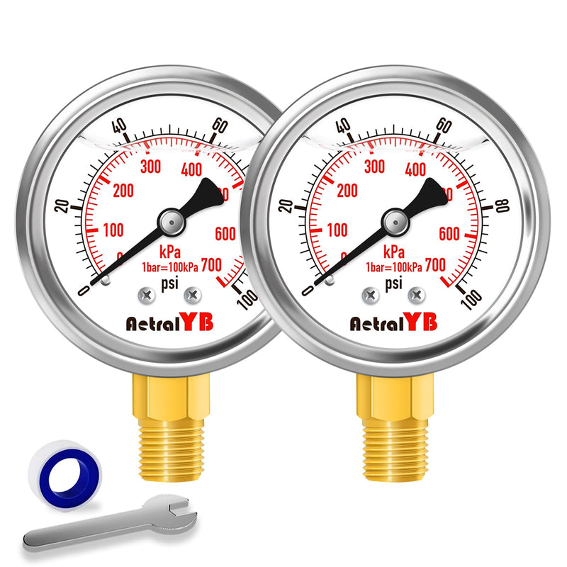 Glycerin-Filled Pressure Gauge,Brass Internal 2-Inch Gauge, Stainless Steel, 1/4" NPT Lower Mount (0-100Psi 2 Pack) 0-100Psi 2 Pack
