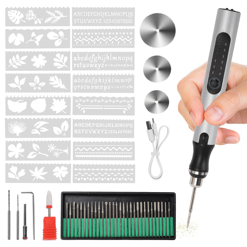 Electric Engraving Pen with 37 Bits, USB Rechargeable Cordless Etching Engraving Tool, Portable DIY Rotary Engraver for Jewelry Wood Glass Stone Carving (Silver) Silver