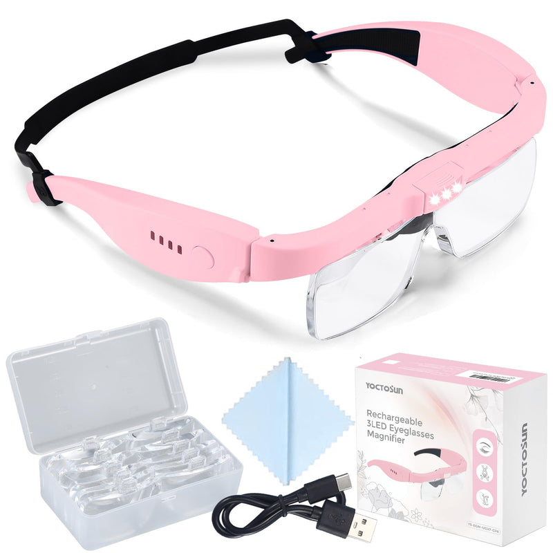 YOCTOSUN Magnifying Glasses with Light, Rechargeable Magnifying Headset with 5 Detachable Lenses 0.75X-4.0X and 3 LED Lights, Hands Free Headband Magnifier for Close Work Hobby Crafts Jewelry Pink