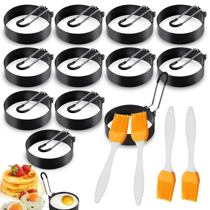 12 Pcs Egg Rings for Frying Eggs Nonstick Pancake Mold Stainless Steel Egg Mold with 4 Silicone Brushes,Portable Round Shape with Handle For Breakfast Camping Sandwiches (3 Inch)