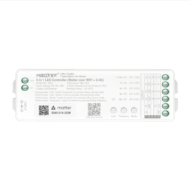 MiBOXER ML5 Matter 5-in-1 LED Strip Controller, WiFi and 2.4GHz, Matter Over WiFi, Single Color CCT RGB RGBW RGB+CCT, DC 12V-24V