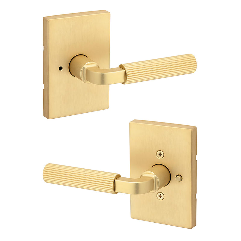 Kwikset Mirada Reeded Interior Privacy Door Handle with Lock, Handle for Bathroom and Bedroom, Satin Brass, Reversible Keyless Push Button Lock, with Microban Protection 1 Pack