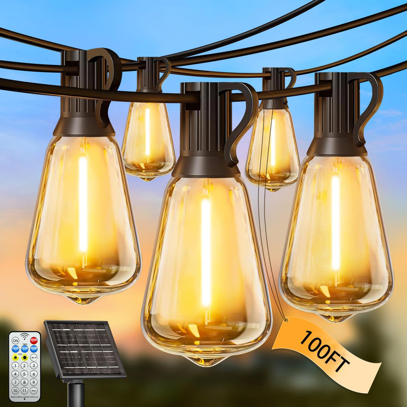 100FT Solar String Lights Outdoor Waterproof with Remote & Timer, LED Shatterproof ST38 Bulbs, USB & Solar Powered Patio Lights for Backyard, Porch, Garden, Wedding, Christmas Decor 100FT
