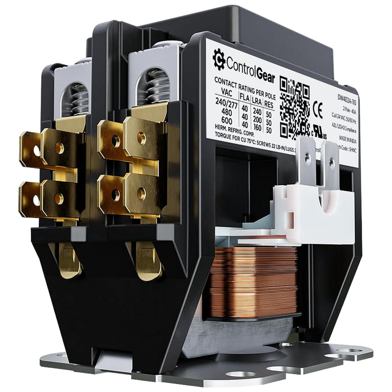 2 Pole Definite Purpose Contactor 24V Coil, 40 Amp Definite Purpose, UL Recognized and Approved for use with A2L Refrigerants, Line Lugs, Load Screws, ControlGear DW402A-11 (2P 40A 24V Coil) 2P 40A 24V coil