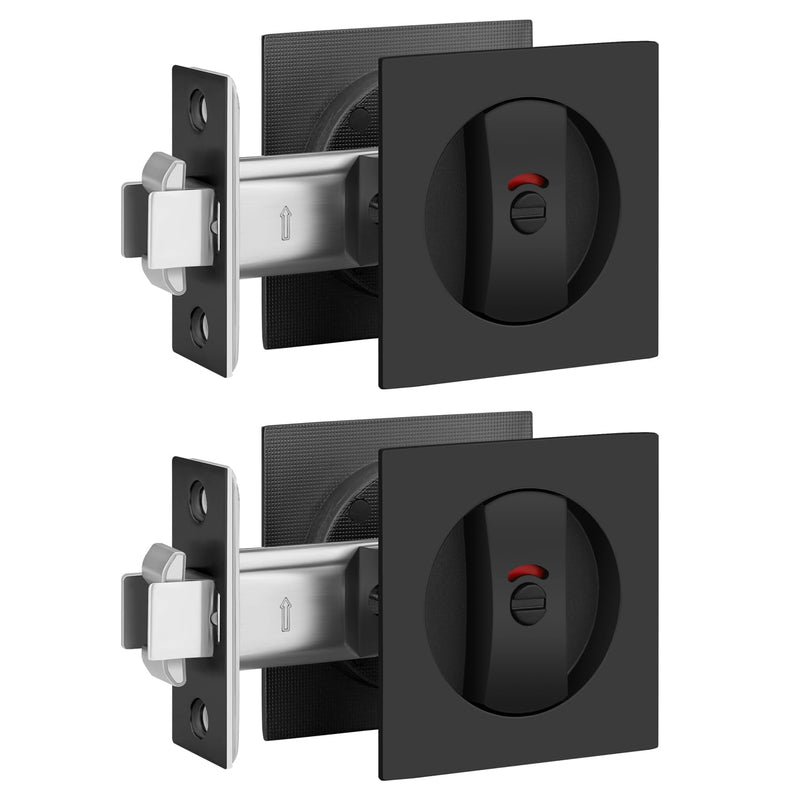 EHOMEWARE 2 Pack Matte Black Pocket Door Hardware, Keyless Privacy Pocket Door Handles, Pocket Door Latch with Red-Green Indicator, Square Recessed Door Handle for Sliding/Bifold Doors Privacy Door Lock-2 Pack