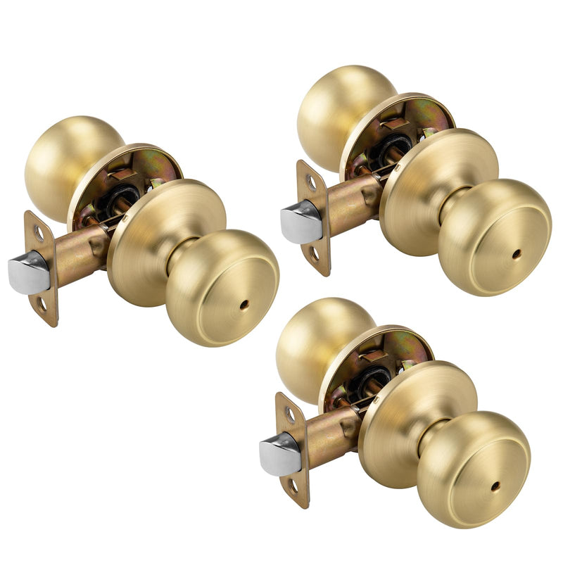 3 Pack Gold Door Knobs,Interior Door Knob with Lock,Coastal Style Satin Brass Door knob for Privacy and Bedroom 3