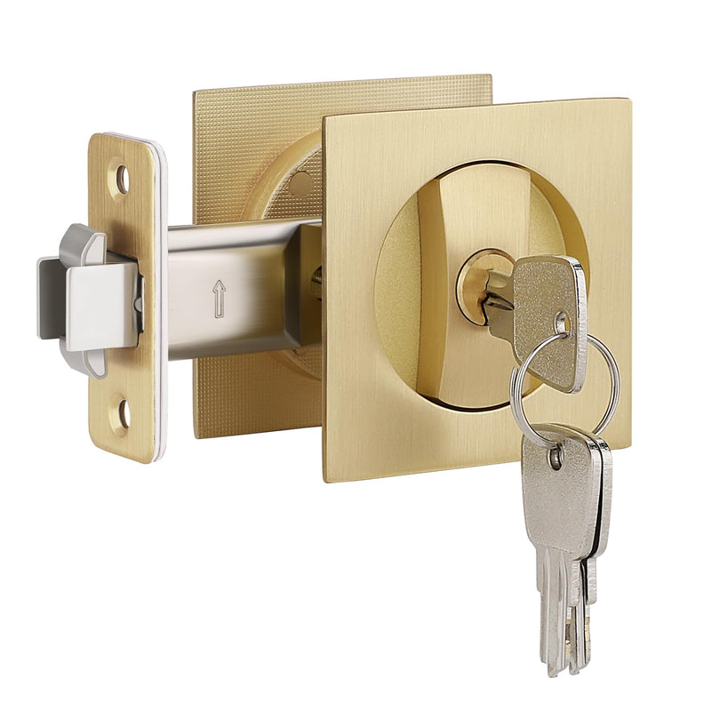 EHOMEWARE 1 Pack Brushed Gold Pocket Door Lock, Keyed Alike Pocket Door Hardware, Modern Recessed Pocket Door Handles, Heavy Duty Sliding Door Lock, Left/Right Reversible Entry Door Lock-1 Pack Satin Brass