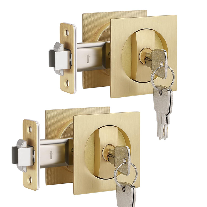 EHOMEWARE 2 Pack Gold Pocket Door Handles, Pocket Door Hardware with Lock, Keyed Alike Pocket Door Lock for Sliding Door, Heavy Duty Recessed Design, Fit Left/Right Doors Entry Door Lock-2 Pack Satin Brass