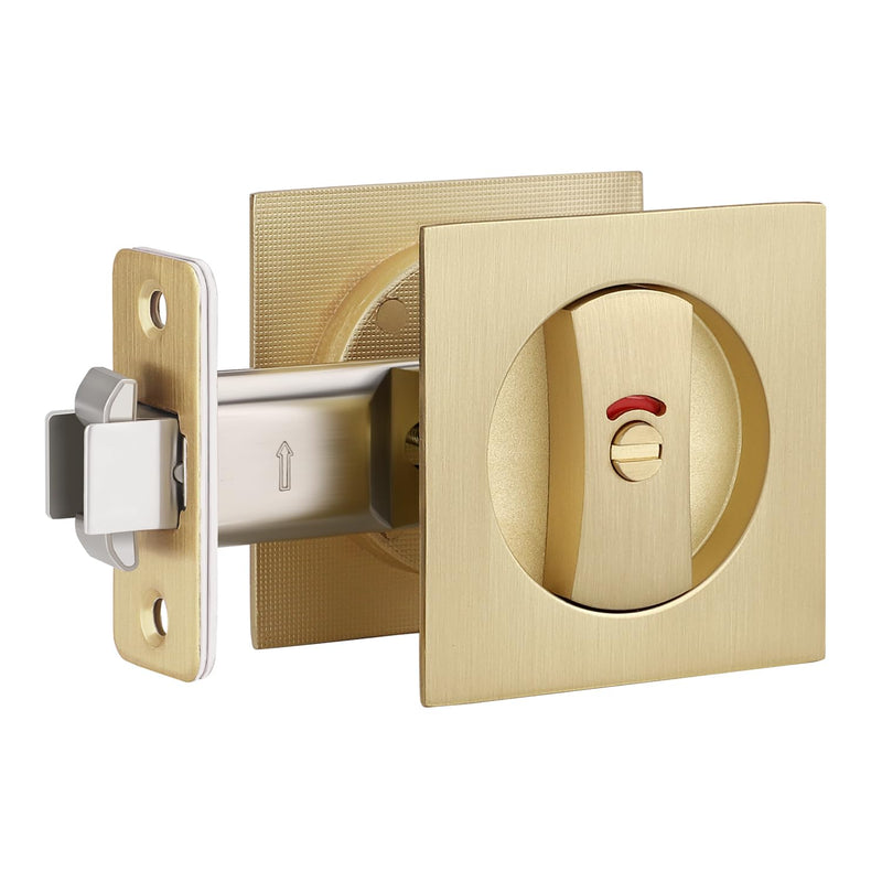 EHOMEWARE 1 Pack Gold Pocket Door Hardware, Privacy Pocket Door Lock with Red-Green Indicator, Keyless Square Pocket Door Handles, Recessed Sliding/Bifold Door Hardware, Contemporary Flat Door Knob Privacy Door Lock-1 Pack Satin Brass