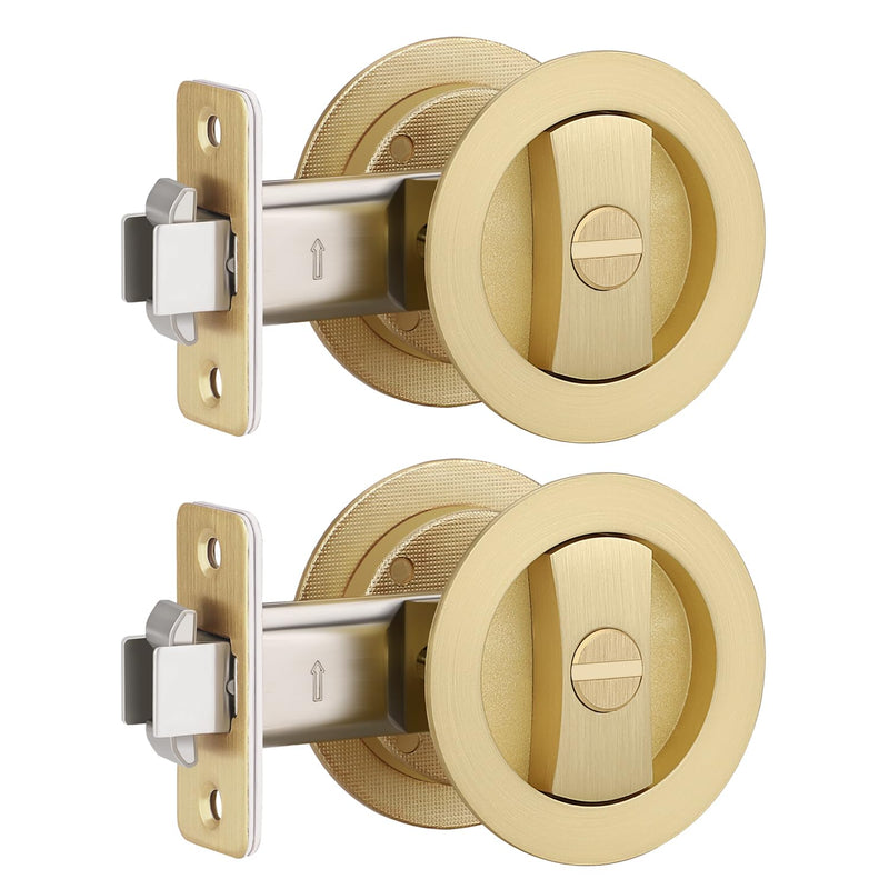EHOMEWARE 2 Pack Brushed Gold Pocket Door Lock, Keyless Pocket Door Hardware, Round Pocket Door Handles for Sliding/Bifold Doors, Flush Pocket Door Privacy Lock Privacy Door Lock-2 Pack Satin Brass