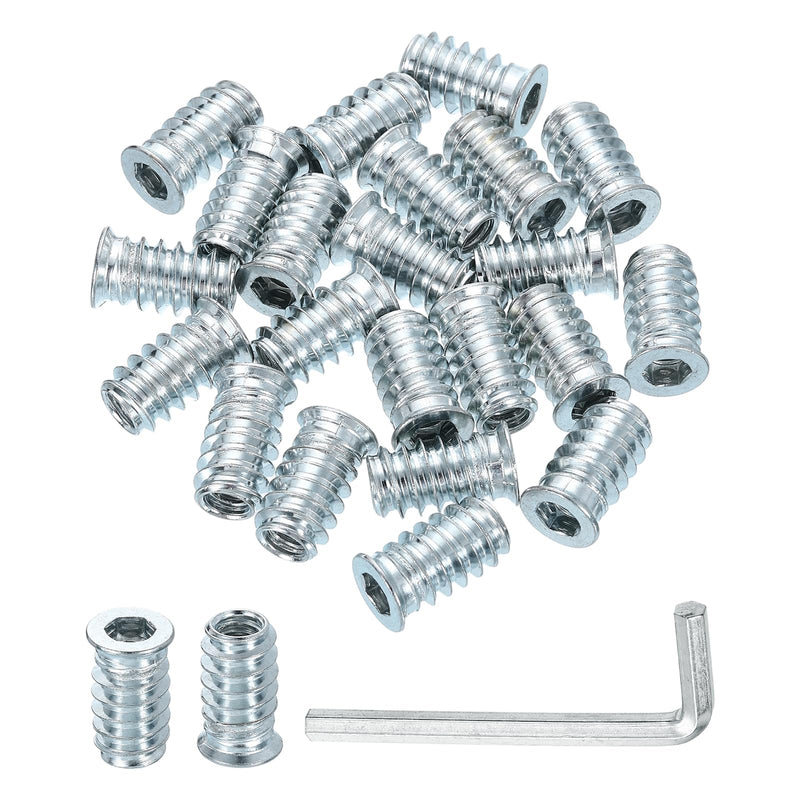 uxcell 100 Pcs Threaded Insert for Wood, 1/4" - 20 Carbon Steel Threaded Studs Hex Socket Drive Nut Inserts Screw in Nut Fastener Connector with Hex Wrench 20mm Length for Home, Silver 1/4"-20x20mm