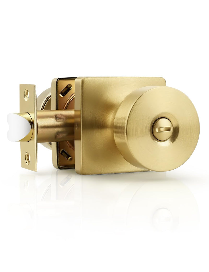 Tinewa 1 Pack Gold Interior Privacy Door Knob with Lock, Brushed Brass Bedroom Door Locks, Keyless Privacy Door Handle Locks, Zinc Alloy Heavy Duty Door Knobs on Square Rose