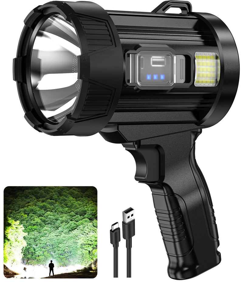 Rechargeable Spotlight, 99,000 Lumens Super Bright Handheld Led Flashlight, Outdoor Spot Light with Cob Light and Solar Panelsfor Boating Camping