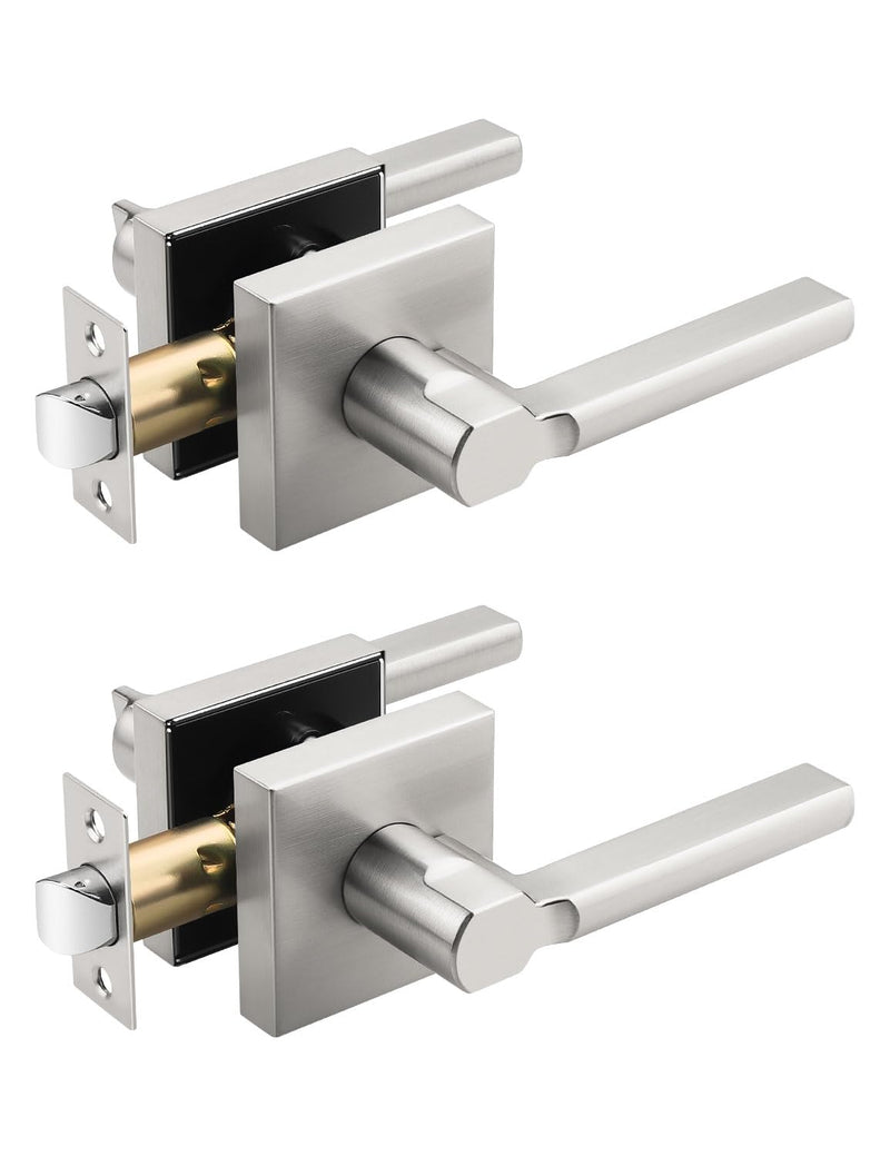 2 Pack Square Brushed Nickel Door Handles Interior, Non-Locking Interior Passage Door Lock Hallway/Closet Door Lever, Heavy Duty Modern Door Handle 2 Passage Door Lever