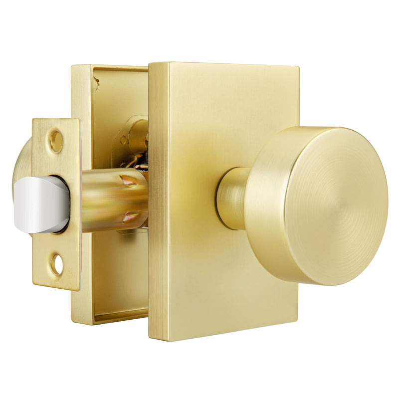 Goldenwarm Gold Closet Door Knob, Heavy Duty Brushed Gold Passage Door Knobs for for Hallway, Closet, Round Interior Door Knob, Zinc-Alloy Rectangle Rosette Indoor Doorknob (1 Pack)