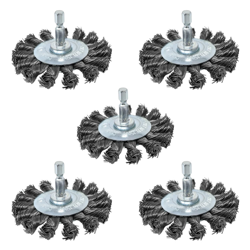5pk 3in Knotted Wire Brush Wheel for Drill and Impact Driver, 1/4in Hex