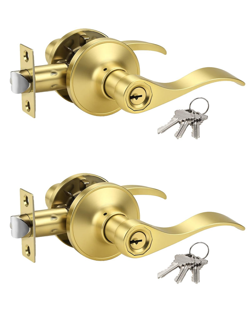 KNOBWELL 2 Pack Gold Door Handle with Lock and Key, Keyed Alike Gold Door Knob for Front/Entrance/Bedroom, Reversible for Left&Right Keyed Entry(Keyed Alike)