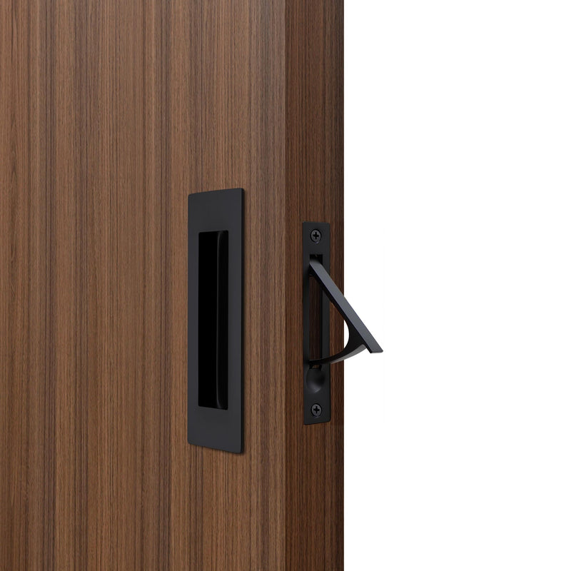 Dontay 2 Set Pocket Door Pull Handle, 304 Stainless Steel, Rectangle Recessed Flush Finger Pulls&Edge Spring Pull,No Lock,Hardware Set for More Than 1-1/8” Thickness Sliding Door(Matte Black,4.7'') ﻿ 4.72 inch (120 mm) 2Pack Matte Black