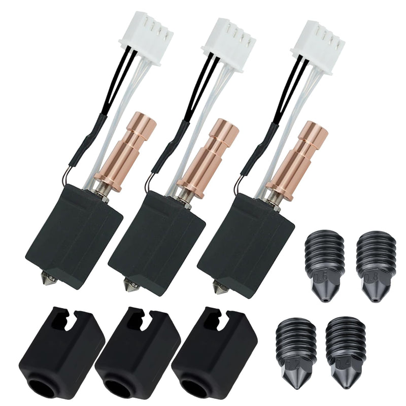 3-Pack Ceramic Hotend Kit for Anycubic Kobra S1, S1 Combo & ACE Pro, 0.4mm Hardened Steel Nozzles, 200K Thermistor, 450°C Assembly with 0.2/0.4/0.6/0.8mm Extra Nozzles For kobra s1-3pcs Ceramic