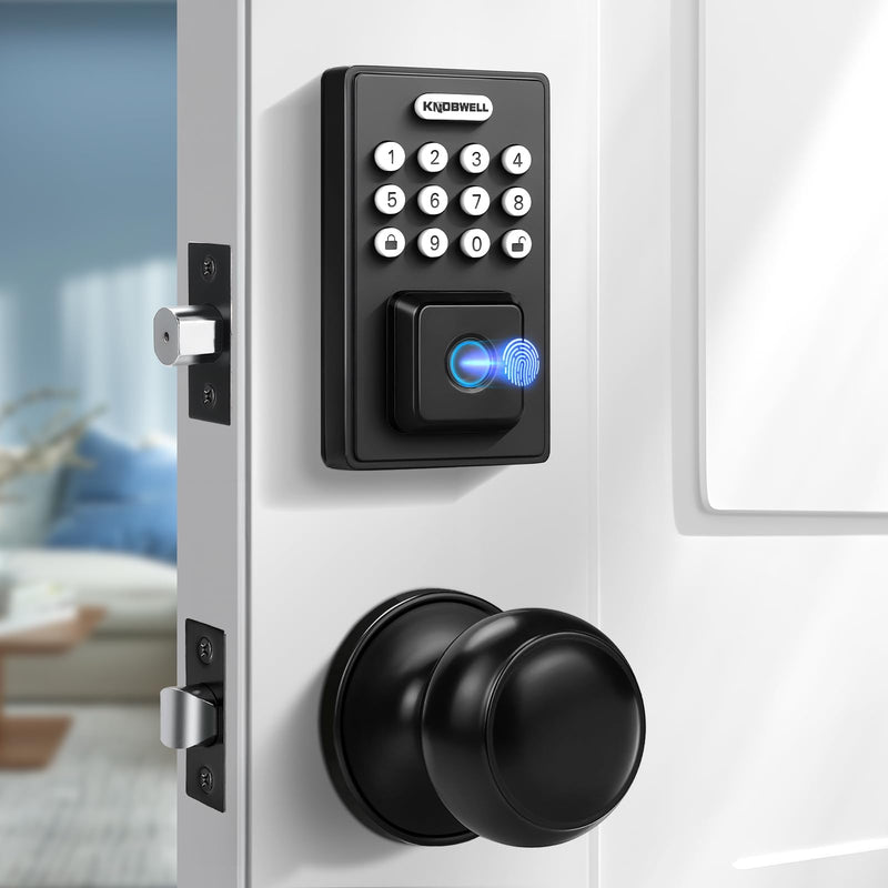 KNOBWELL Fingerprint Door Lock, Passage Door Knob, Black Keyless Entry Electronic Keypad Deadbolt Smart Front Door Lock Set Square Deadbolt