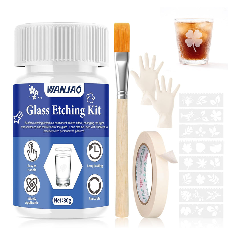 WANJAO 80g Glass Etching Kit, Frosted Glass Etching Kit Long-Lasting Creative Etch Valentines Day Creating Matte Glasses Effect with Stencil Gloves Paper Tape for Valentines Day Glasses Mirror Ceramic blue