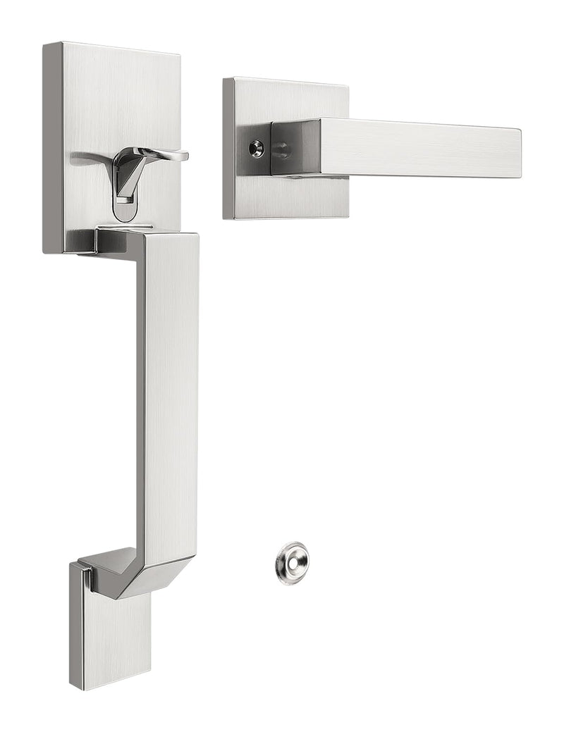 Square Brushed Nickel Front Door Handle with Classic Door Lever, Upgrated Exterior Door Entry Handle No Lock, Reversible for Left & Right Handed 1 Pack Satin Nickel