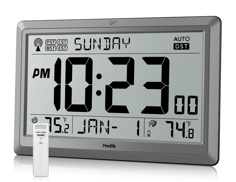Wall Clock Atomic with Indoor Outdoor Temperature Battery Powered, Easy Reading with 10.5 Inch Large LCD Display, 330FT Range Table Wall Clock With DST, 12/24 Hour for Living Room Kitchen (Silver) Silver