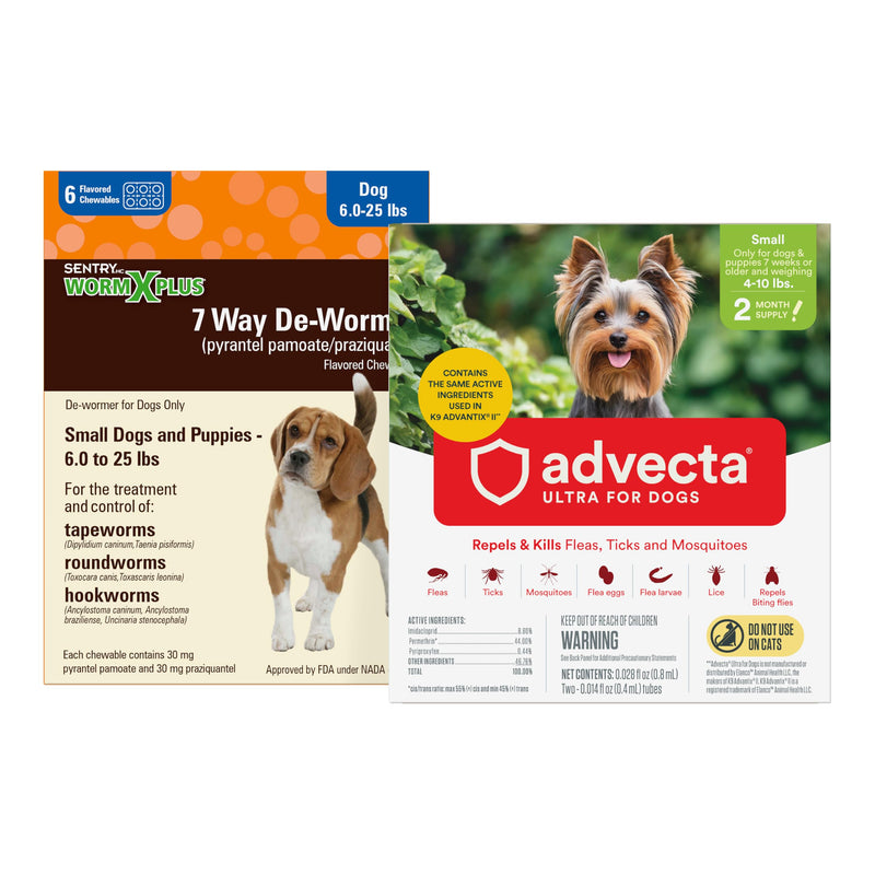 WORM X PLUS 7 Way DeWormer for Small Dogs 6-25 lbs (6 Count) + ADVECTA Flea and Tick Prevention for Small Dogs 4-10 lbs (2 Count) Bundle