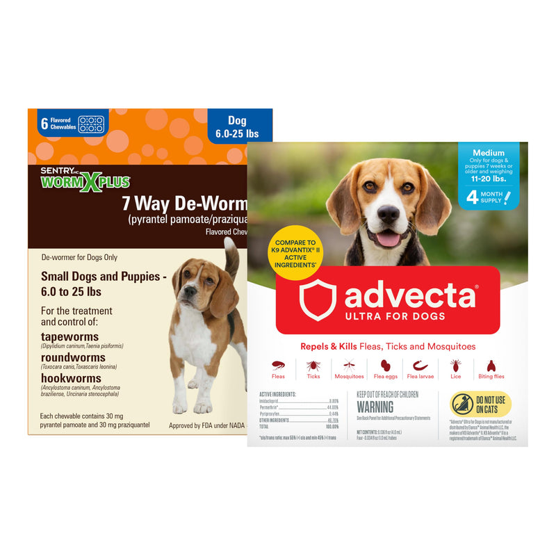 Worm X Plus 7 Way DeWormer for Small Dogs 6-25 lbs (6 Count) + ADVECTA Flea and Tick Prevention for Medium Dogs 11-20 lbs (4 Count) Bundle
