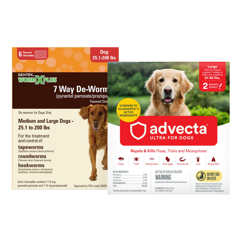 WORM X PLUS 7 Way DeWormer for Large Dogs Over 25 lbs (6 Count) + ADVECTA Flea and Tick Prevention for Large Dogs 21-55 lbs (2 Count) Bundle