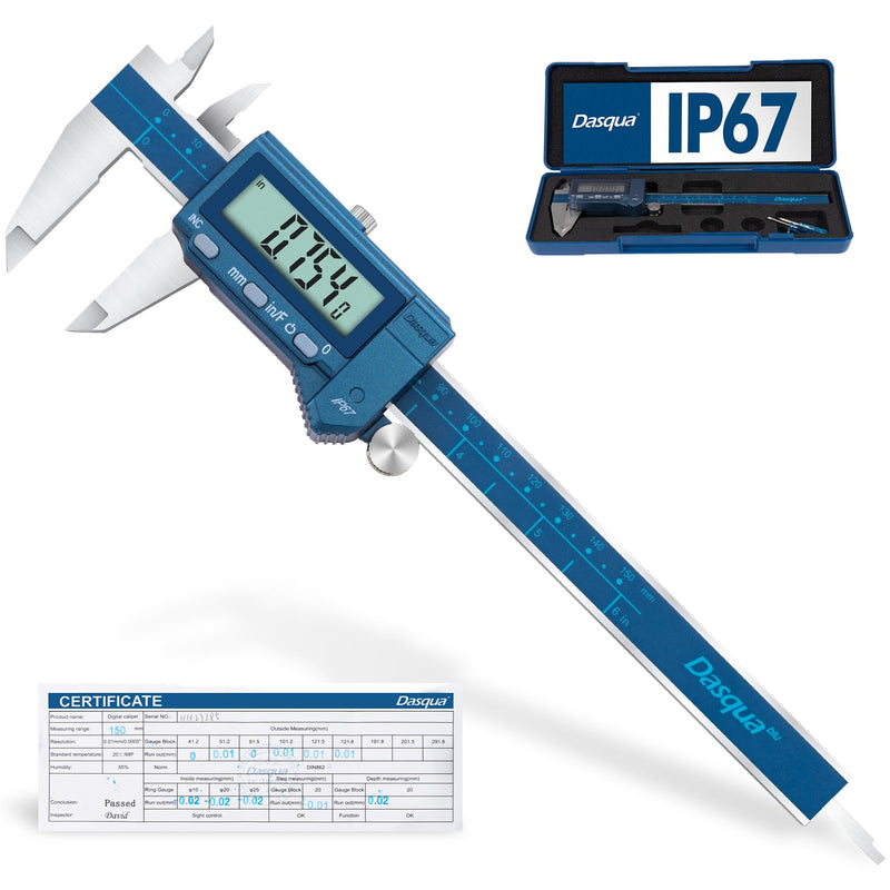 Dasqua 6”/150mm IP67 Absolute Origin Digital Caliper, Stainless Steel, Accuracy ±0.001”/0.02mm, Resolution 0.0005"/0.01mm/1/128, Water/Coolant/Dust Protection, in/mm/Fraction Conversion Blue Case Cover 6"/150mm