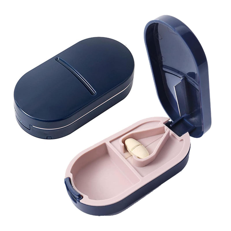 Pill Cutter Splitter for 1/2 Cuts, Small Tablets and Vitamins, Easy-Open Button, Built-in Storage, Shielded Stainless Steel Blade, Portable Tablet Splitter(Blue)