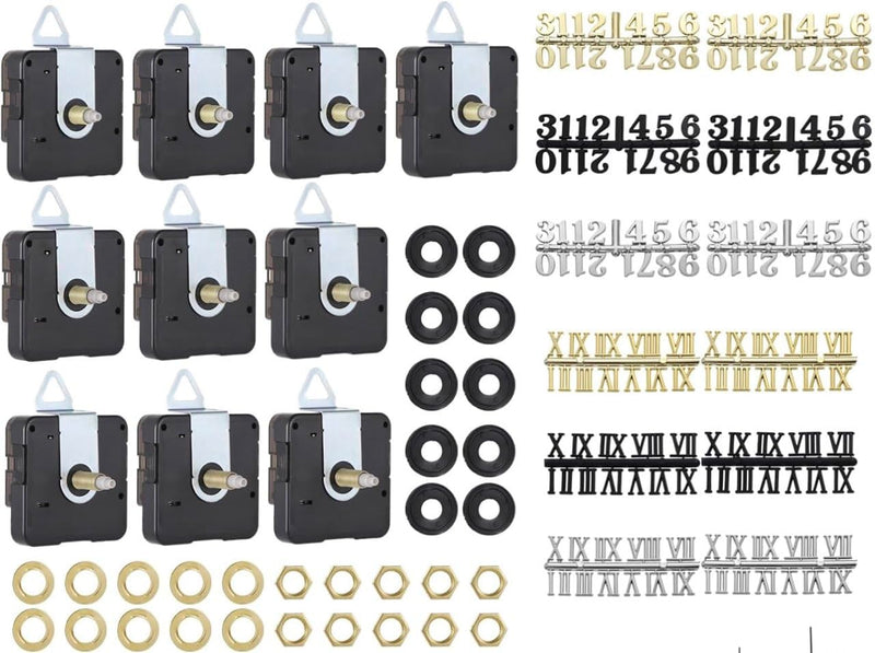 10 Pack High Torque Clock Movements Mechanism Replacement Clock Kit, Battery Operated Quartz Movement with 8 Different Pairs of Hands & 12 Numerals for DIY Clock Repair and Replacement 10