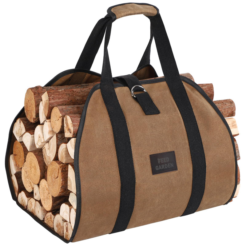 FEED GARDEN Firewood Carrier Bag Heavy Duty Waxed Canvas Log Carrier for Firewood Large Log Tote Fire Wood Carrying Bag with Handles for Easy Transport Carrying and Wood Stove Accessories Brown