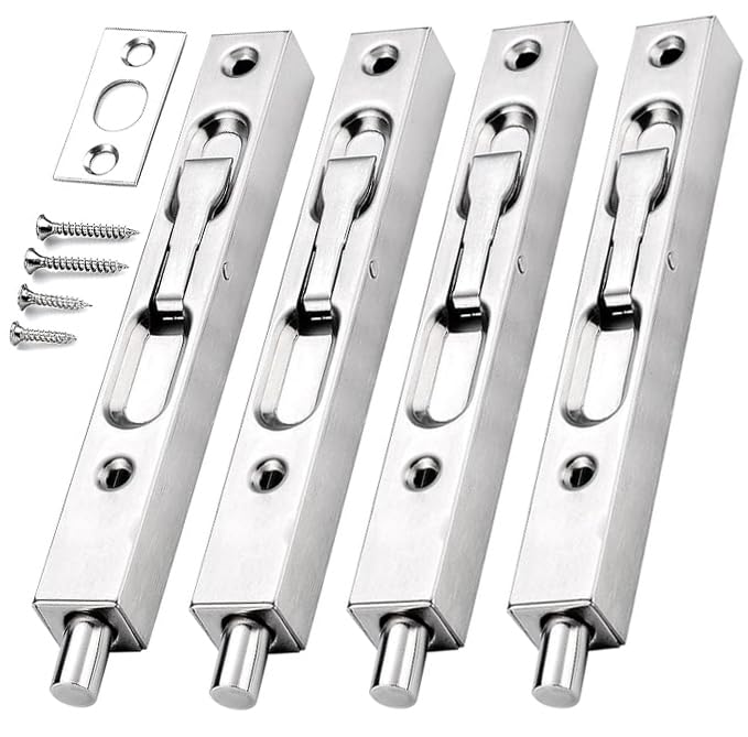 French Door Lock, 6 Inch Heavy Stainless Steel Flush Latch Bolts, Concealed Security Double Door Lock for Inactive Leaf, Double Door Opening and Composite Wood Double Dummy Door (4 PCS Silver) 4 PCS Silver