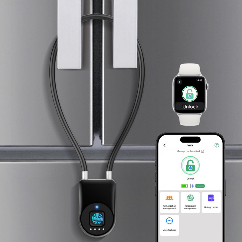 Fingerprint Fridge Lock,Child Proof Refrigerator Lock for Kids & Adults,Smart Cable Lock APP Control Waterproof Cabinet Lock for Fridge French Door Cabinet Gate Fence Black