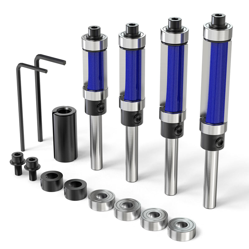MEANLIN 4Pcs Flush Trim Top and Bottom Bearing Router Bit 1/4Inch Shank for Woodworking, Cutting Diameter:1/2Inch, Cutting Length:3/4 Inch, 1 Inch, 1-1/4 Inch, 1-1/2 Inch with Bearing Replacement Set