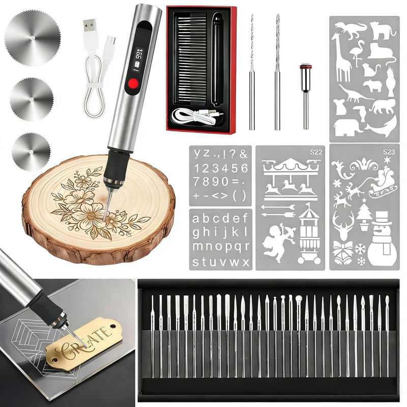Engraving Pen, Cordless Electric Engraving 3-Speed Engraver (8000-25000 RPM) for Beginner Friendly Artists & DIYers Rechargeable +Tool with 35 Accessories for Metal/Glass/Wood Engraving Silver
