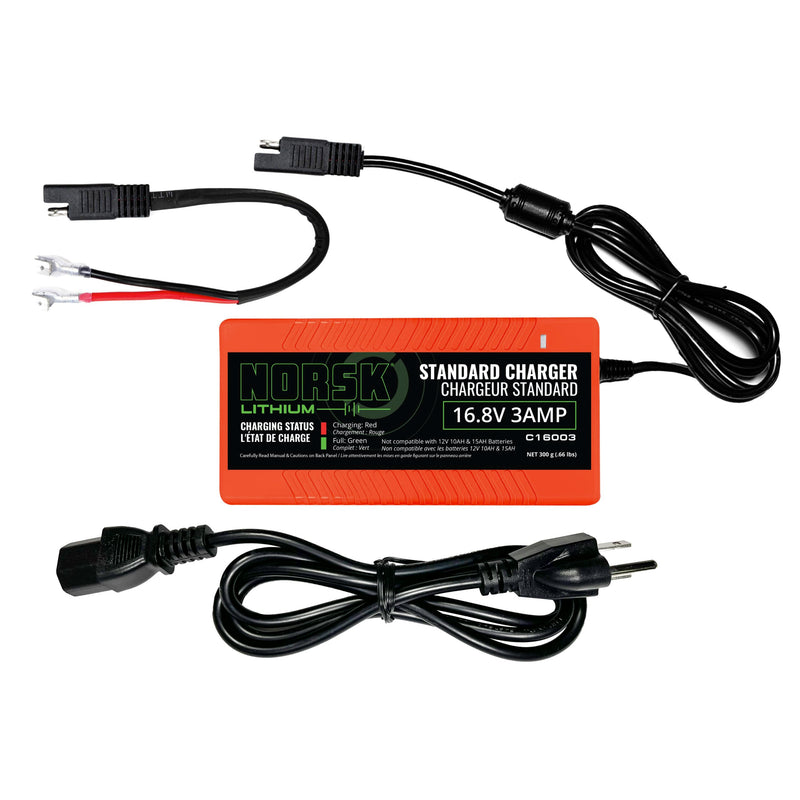 Norsk Lithium 16.8V 3A LiFePO4 Battery Charger | Standard Charging Block with LED Indicator | Compatible with 14.8V 20AH, 30AH, and 50AH