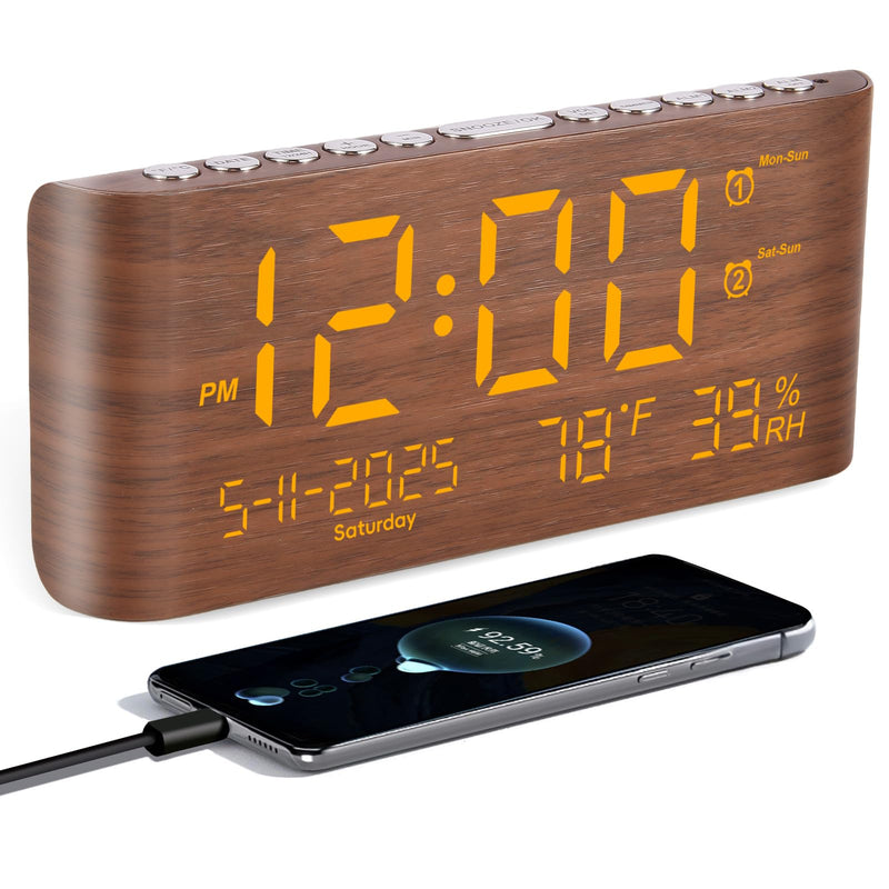 PPLEE 8.7inch Digital Alarm Clock for Bedroom-Digital Clock with Day of Week Month Year Humidity & Temperature Brightness Snooze 2 Alarm Clock & 2 USB Charger Desk Clock for Heavy Sleeper