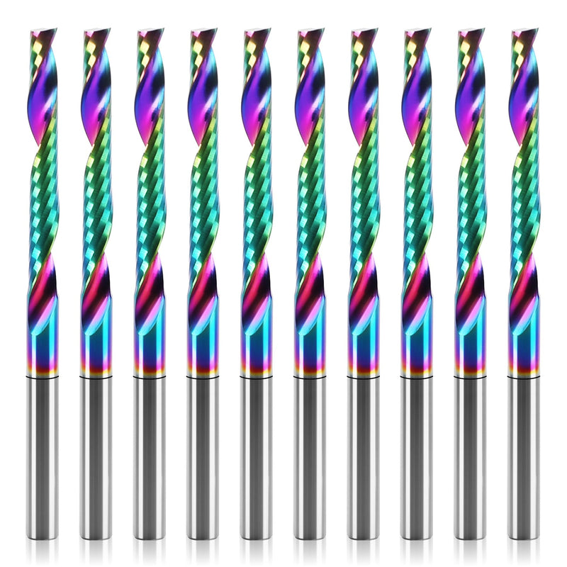 10 Pcs O Flute Up Cut Router Bits, 1/8 inch Shank Single Flute CNC End Mill, Spiral Solid Carbide Milling Cutters with DLC Coating, Ideal for Aluminum, Plastic, Acrylic, Wood, MDF and PVC