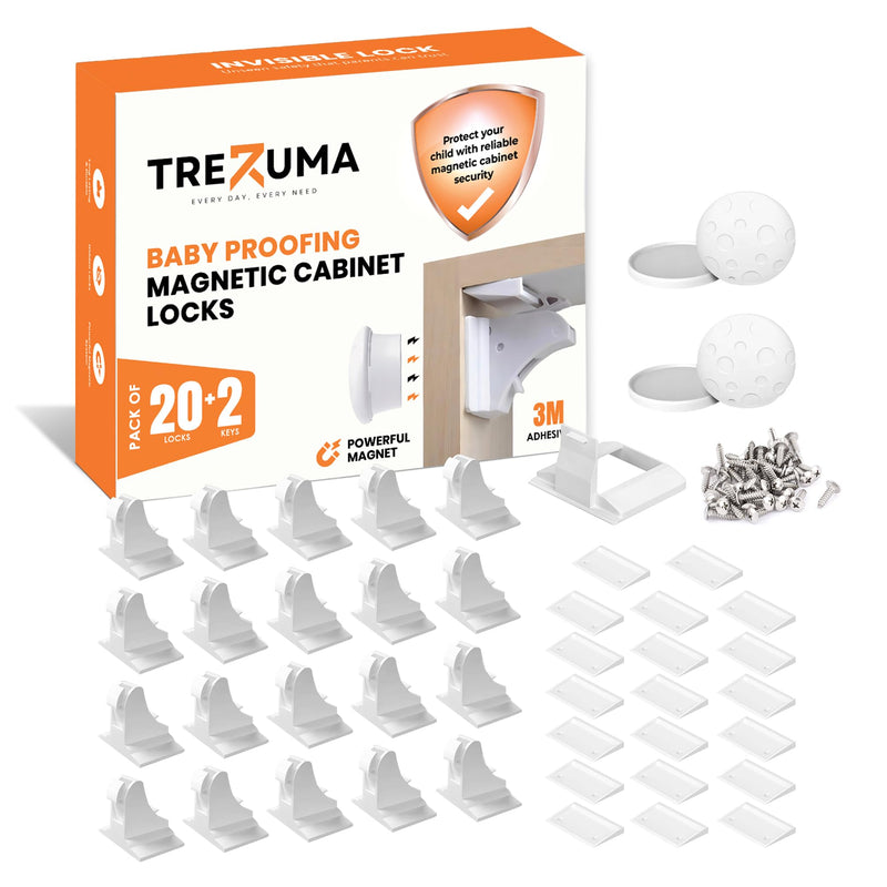 Magnetic Cabinet Locks Baby Proofing (20 Locks + 2 Keys) – Child Proof Cabinet Locks with Easy Adhesive Installation – Child Safety Locks for Kitchen, Cabinets & Drawers with Optional Screws