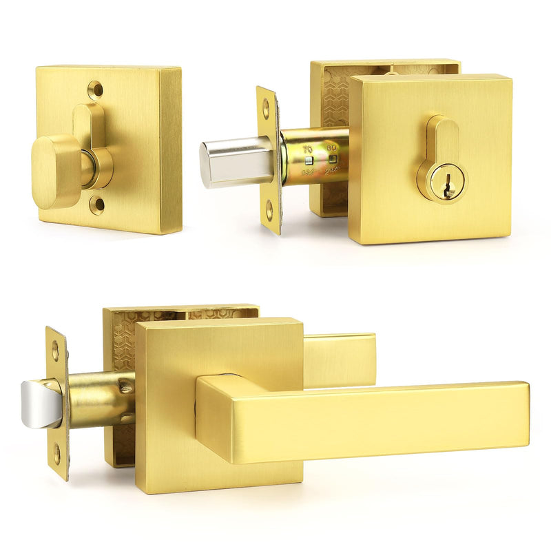 1 Pack Exterior Door Lockset with Deadbolt, Gold Passage Lever and Keyed Alike Single Cylinder Deadbolt, Reversible Square DoorHandleset for Bedroom, Front Door 1