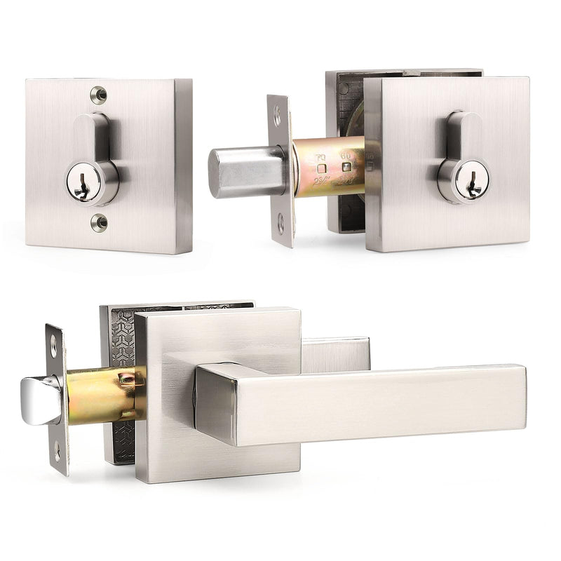 1 Pack Exterior Door Lockset with Deadbolt, Satin Nickel Passage Lever and Keyed Alike Double Cylinder Deadbolt, Reversible Square DoorHandleset for Bedroom, Front Door 1