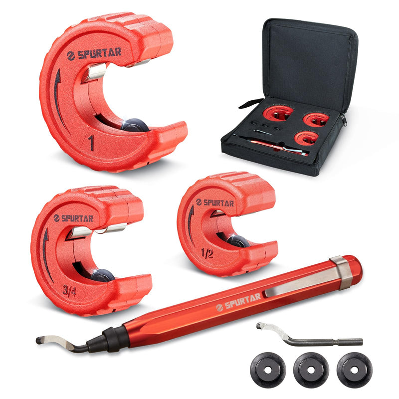 Spurtar 4pcs Pipe Cutter Tool Set 3pcs Copper Tubing Cutter 1/2" 3/4" 1" and 1pc Deburring Tool for Copper, Brass, Aluminum, CPVC Pipe, for Plumbing, HVAC Work, Automotive Repairs, DIY Projects